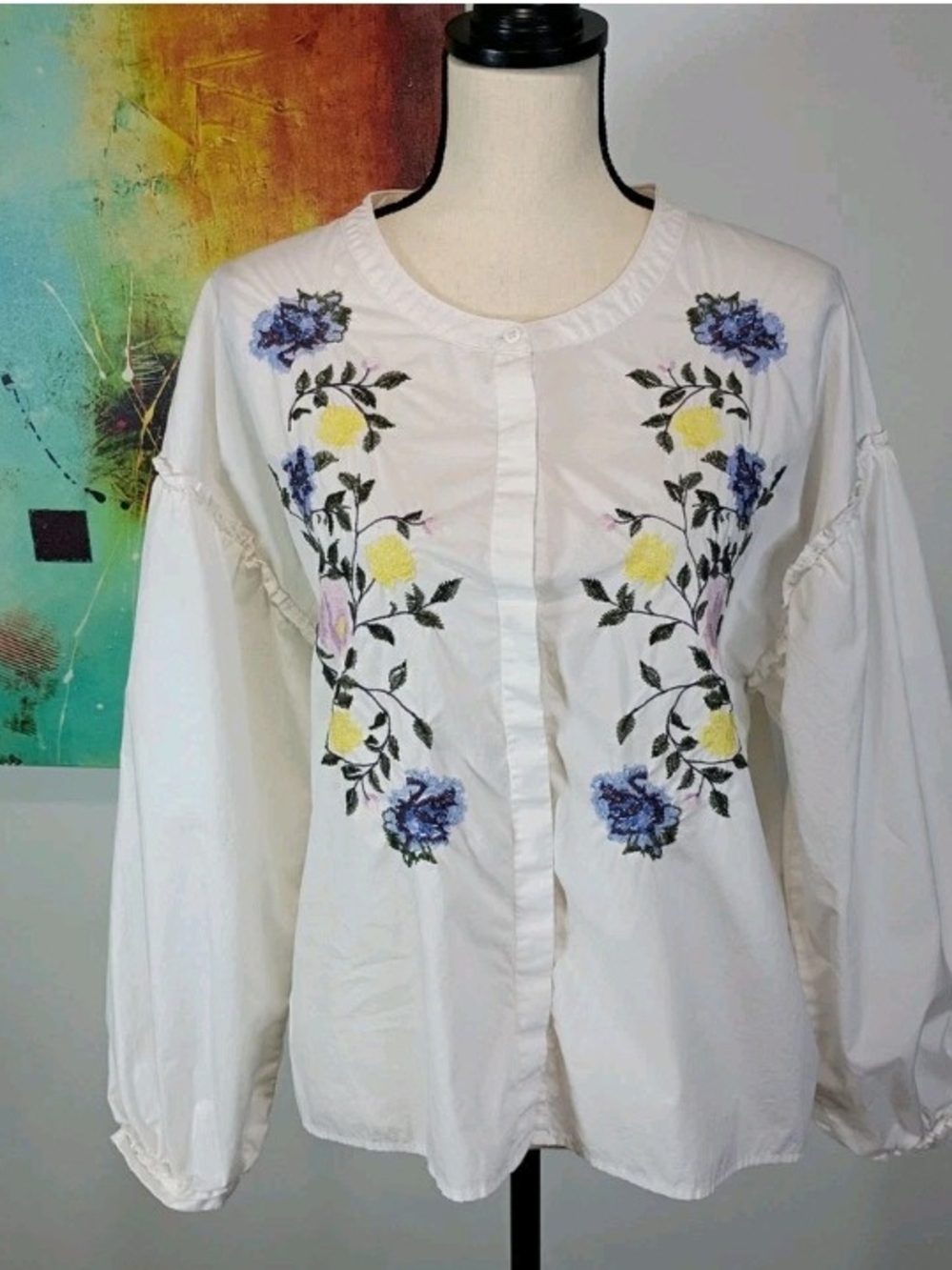 Sanctuary Embroidered Floral White Long Sleeve Button Down Top